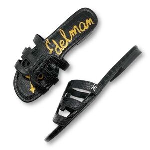 Sam Edelman Bay Slide Sandals Size 9 Black Croco Leather Logo Slides